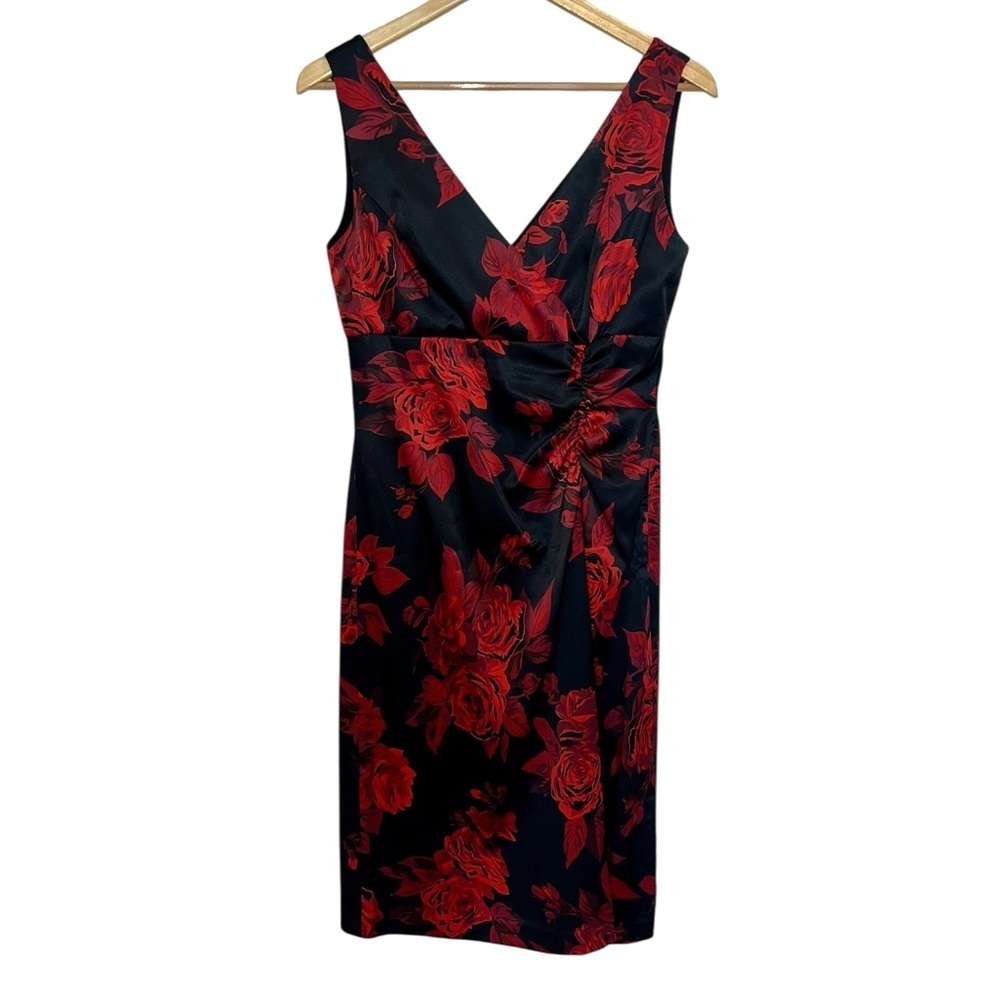 NEW Donna Ricco V-neck Floral Knee Length Dress Black & Red